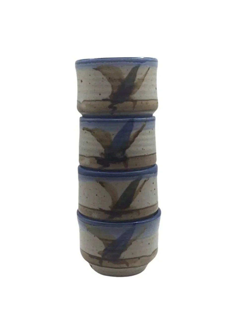 Hand Thrown Tea Cups Studio Pottery Set Of 4 Blue & Brown Glaze Japan Vintage
